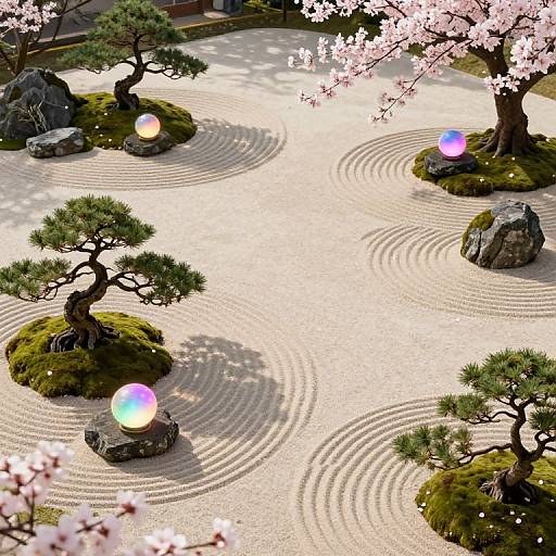 Photograph of a serene Japanese Zen garden with raked gravel, three glowing orbs, cherry blossoms, and moss-covered rocks under sunlight.