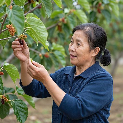 Photograph of an Asian woman with black hair in a bun, wearing a dark blue sweater, inspecting green leaves and red fruit on a tree in