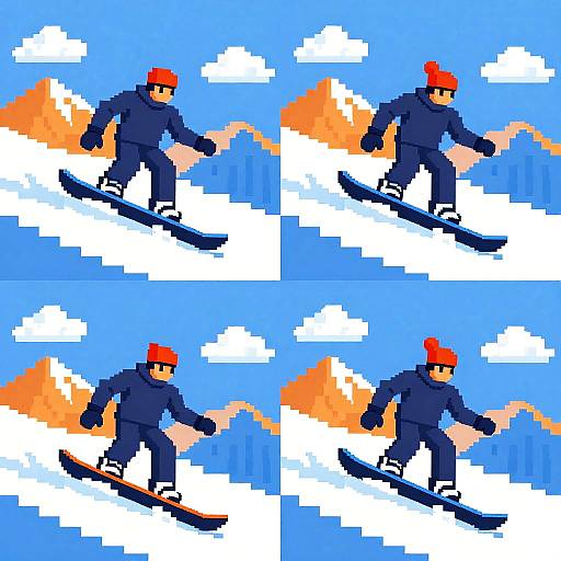 Pixel art of four identical scenes showing a snowboarder in blue gear and red hat snowboarding through fluffy white clouds against a bright blue sky.