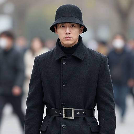 Photograph of a young Asian man in a black wool coat, black bucket hat, and belted waist, standing in a blurred urban crowd.