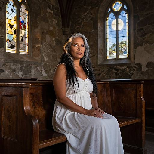 Photograph of a woman with long black hair, wearing a white sleeveless dress, seated on a wooden bench in a dimly lit stone church with