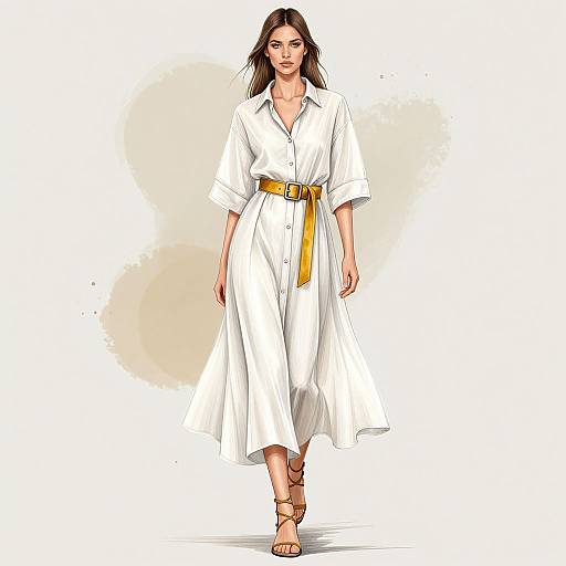 Digital illustration of a confident woman with long brown hair, wearing a white, belted, flowing dress and brown sandals, walking against a white background with
