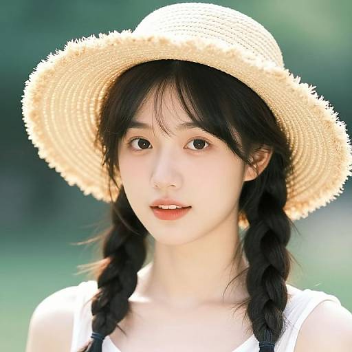 Asian Girl with Braids and Straw Hat
