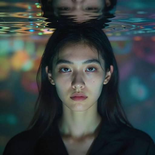 Photograph of a young woman with wet, dark hair, pale skin, and serious expression, partially submerged in water with colorful, blurred bokeh lights