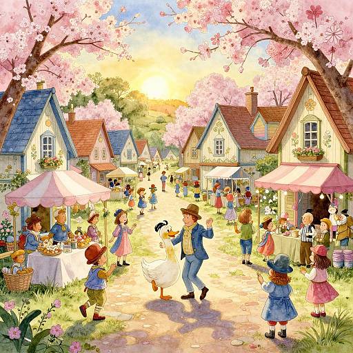Colorful digital illustration of a bustling village market under cherry blossoms, with children and villagers in vintage clothing, surrounded by charming houses.