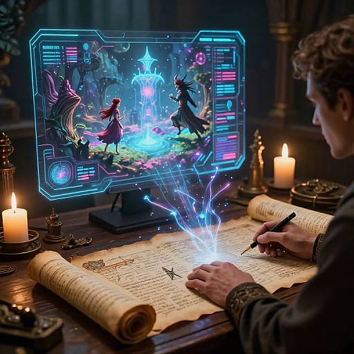 Photograph of a curly-haired person writing on an illuminated map, surrounded by candles, with a glowing digital fantasy battle scene on a monitor.