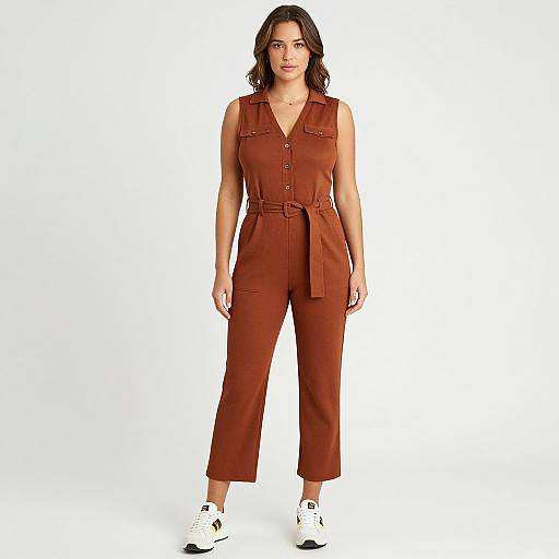 Photograph of a woman with wavy brown hair wearing a sleeveless, rust-colored jumpsuit with a belt, and white sneakers, standing against a