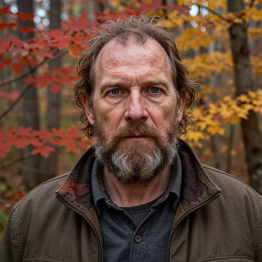 Photograph of a rugged, middle-aged man with a graying beard and hair, wearing a dark jacket over a black shirt, standing in a forest