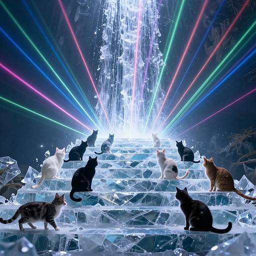 Photograph of eight cats, diverse colors, sitting on glowing ice steps under multicolored laser beams in a dark, icy environment.