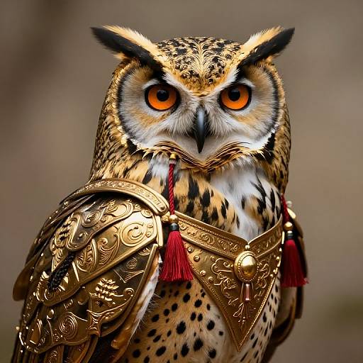 Photorealistic digital art: A fierce, armored owl with vivid orange eyes and detailed golden armor adorned with red tassels, standing against a blurred