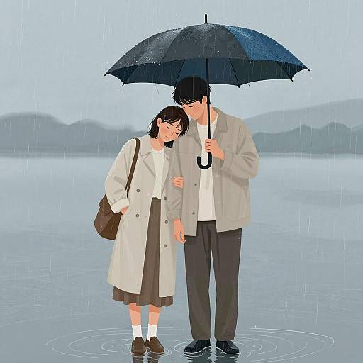 Romantic Rainy Day Embrace Illustration
