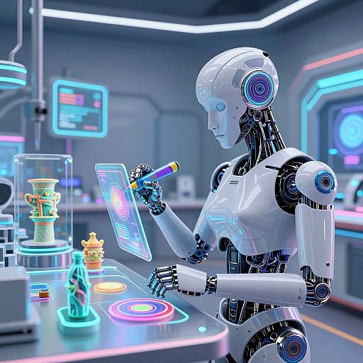 Neon-lit cyber lab: humanoid robot with white, sleek body, blue and purple accents, using tablet, surrounded by glowing chess pieces and tech