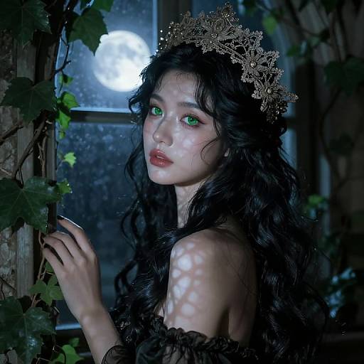 Photorealistic digital art of a pale, green-eyed woman with long black hair, wearing a lace top and a delicate crown, standing by a moon
