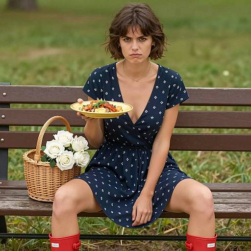 Woman in Navy Dress with Food