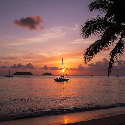 Caribbean Sunset with Silhouetted Sailboats