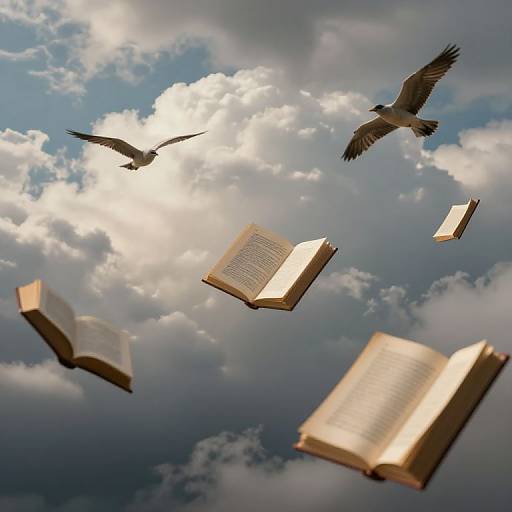 Photograph of three flying doves and four floating open books against a bright, cloudy sky, symbolizing wisdom and freedom.