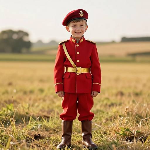 Photograph of a smiling young boy in a red military-style uniform with gold accents, standing in a sunlit grassy field.