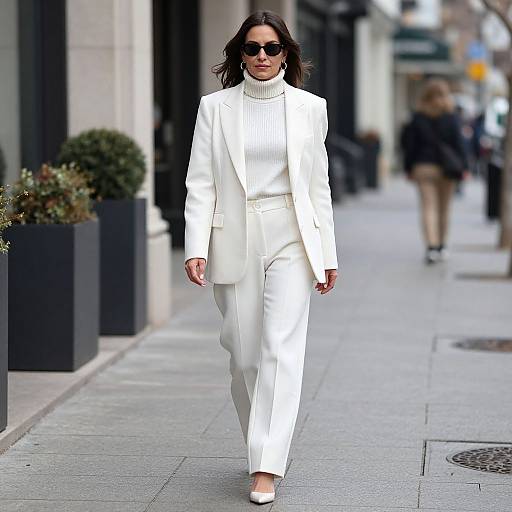 Photograph of a confident woman in a white turtleneck suit and white pants, wearing sunglasses, walking on a city sidewalk.