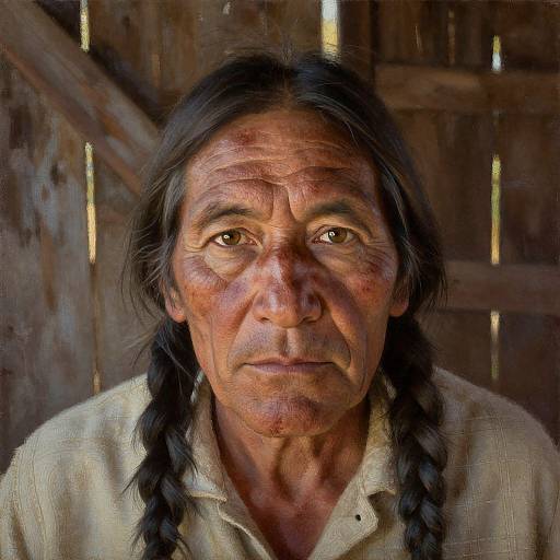 Photograph of an elderly Native American man with long, braided black hair, worn beige shirt, deep wrinkles, and solemn expression, standing in a