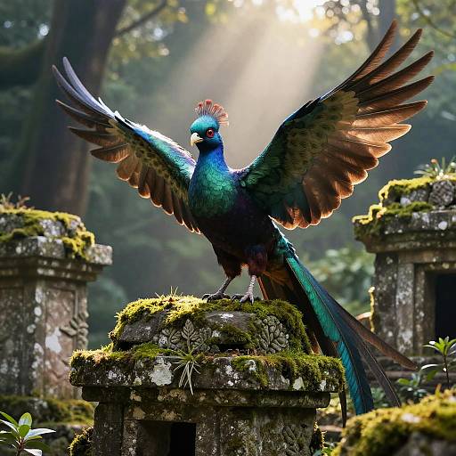 Photograph of a vibrant, iridescent peacock with outstretched wings, perched on a moss-covered ancient stone pillar in a sunlit