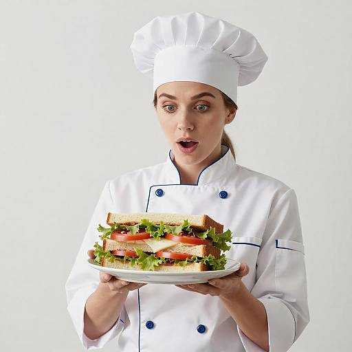 Surprised Female Chef with Sandwich