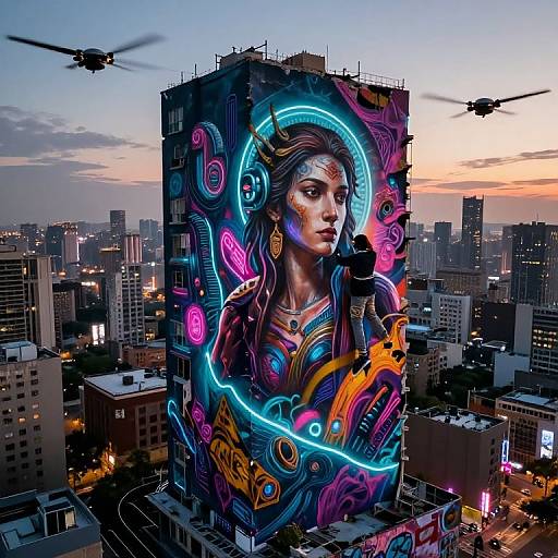 Vibrant digital mural of a goddess with neon accents on a skyscraper, helicopters overhead, cityscape at dusk, colorful urban art.