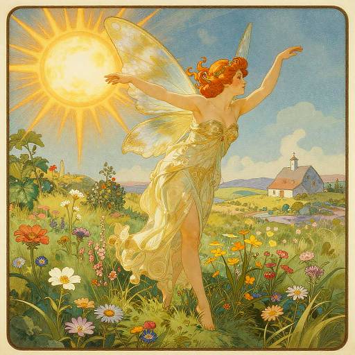 Fairy in Sunlit Meadow by Alphonse Mucha Style