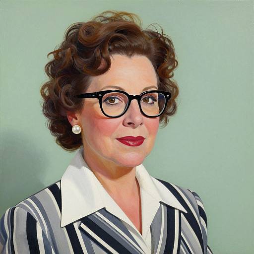 Photorealistic digital portrait of a woman with short, curly brown hair, black glasses, red lipstick, pearl earrings, and a striped black-and-white