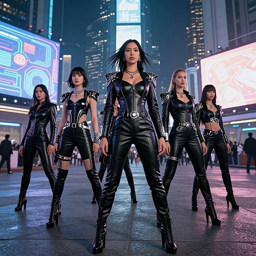 Photorealistic CGI of five fierce, black leather-clad women with spiked jackets and high boots, standing confidently in a neon-lit, futuristic city
