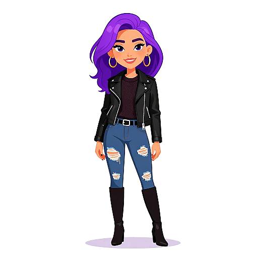 Digital cartoon of a confident woman with vibrant purple hair, wearing a black leather jacket, ripped blue jeans, black belt, black top, and boots,