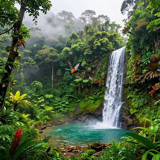 Photograph of a lush, green tropical forest with a cascading waterfall, misty sky, vibrant plants, and a colorful bird mid-flight.