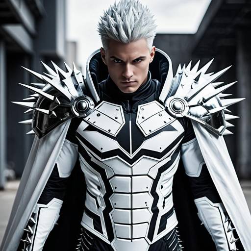 Male Cosplayer in White Armored Suit with Spiked Silver Hair