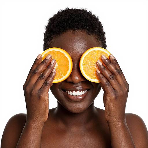 Photograph of a smiling, dark-skinned woman with short curly hair, wearing no clothes, holding two orange slices over her eyes, against a white