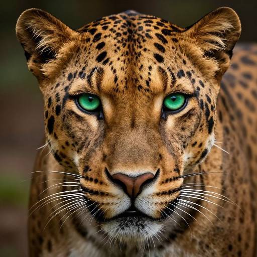 Close-up photograph of a leopard with striking green eyes, detailed golden-yellow fur, and black spots, gazing intently forward.
