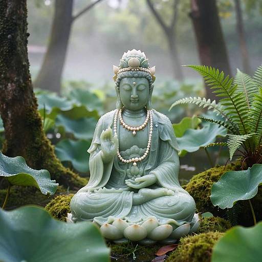 Photograph of a serene green Buddha statue, adorned with beads and a flower crown, sitting in a lush forest pond with large leaves and ferns.