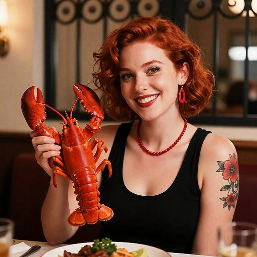 Joyful Redhead with Lobster Feast