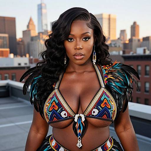 Photograph of a dark-skinned woman with long wavy black hair, wearing a colorful, feathered bikini top and matching bottom, standing on a
