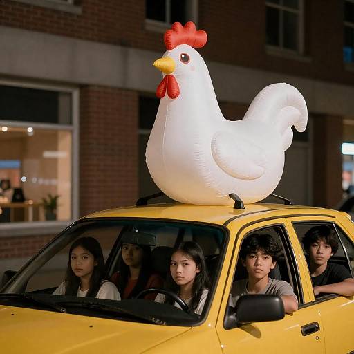 Teenagers in a Yellow Car at Night