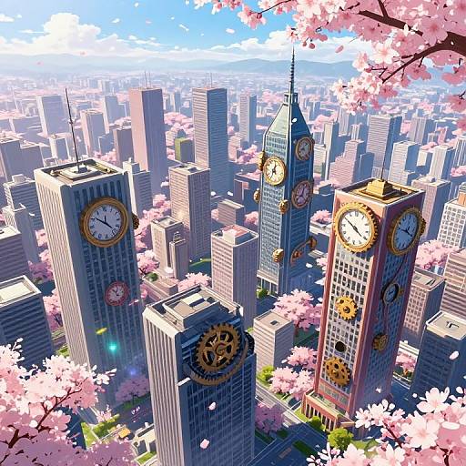 Digital anime-style cityscape of a bustling metropolis with pink cherry blossom trees, featuring four prominent clock-towered skyscrapers under a bright blue sky