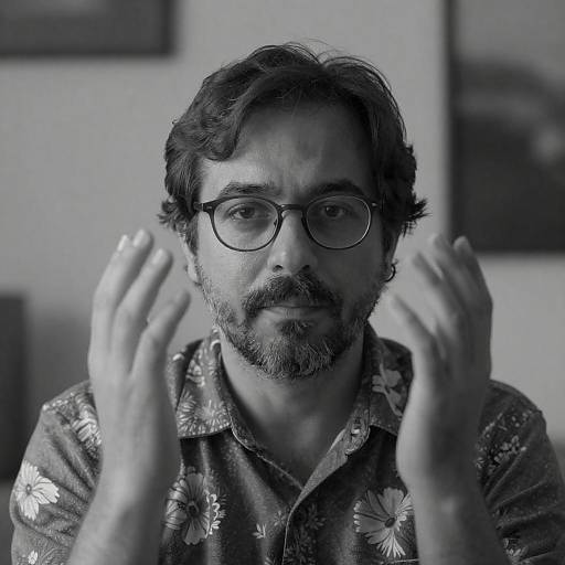 Black and White Portrait of Man with Glasses and Floral Shirt