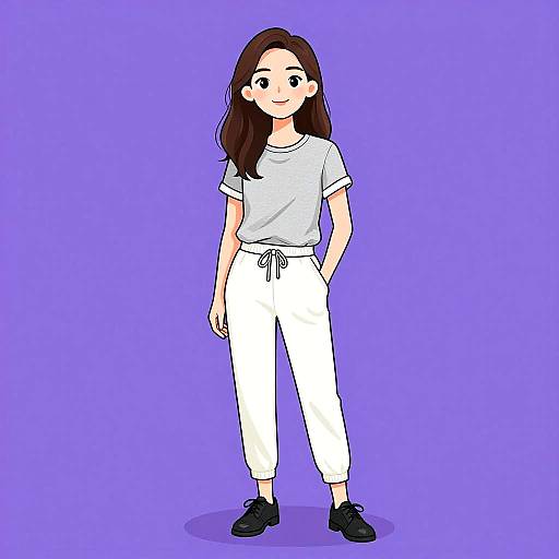 Digital anime-style drawing of a young woman with long brown hair, wearing a white t-shirt, white pants, and black shoes, standing against a solid