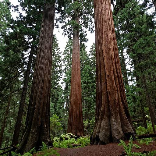 Photograph of towering redwood trees with thick, textured bark, surrounded by lush green ferns and other forest vegetation, under a bright sky.