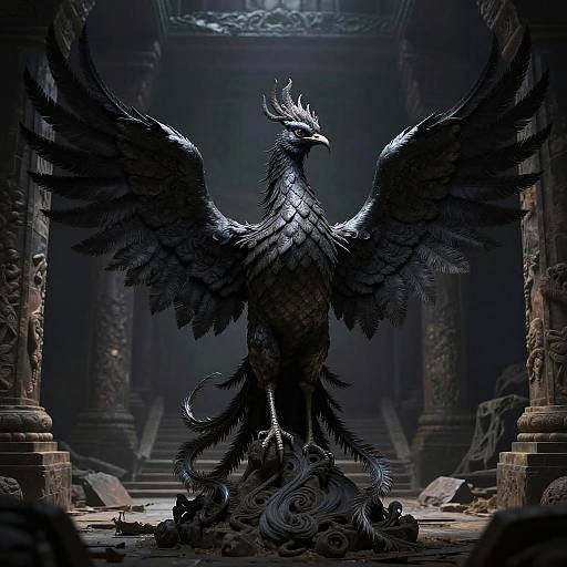 Digital illustration of a majestic, black-feathered phoenix with outstretched wings, standing on a detailed stone pedestal in a dark, ancient temple with