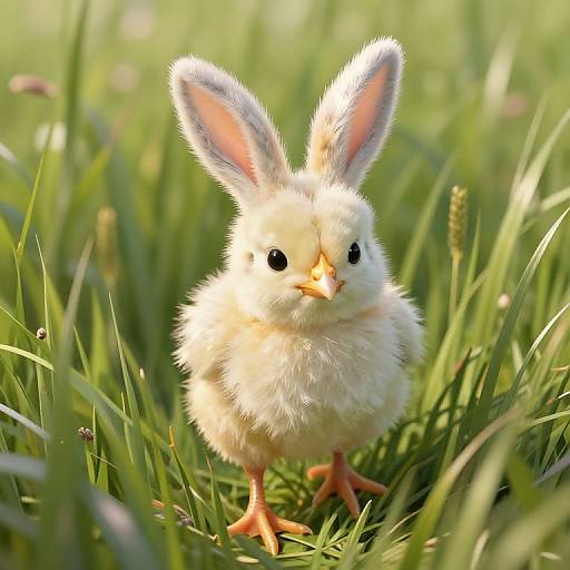 Photograph of a fluffy, white baby bunny with large pink-tinted ears, standing in green grass, bathed in sunlight.