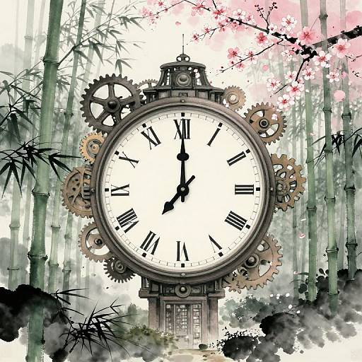 Steampunk clock with Roman numerals, gears, and black hands, set against a background of bamboo and cherry blossoms. Digital artwork.