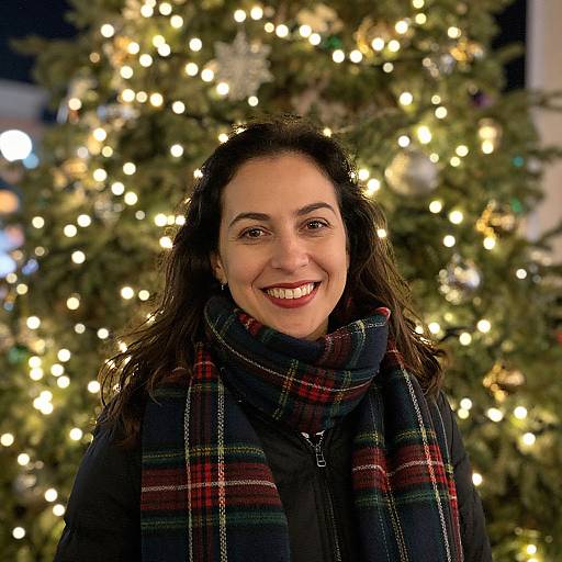 Smiling woman with dark hair and red plaid scarf stands in front of a decorated Christmas tree with glowing lights.
