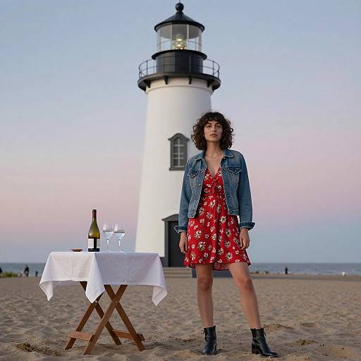 Photograph of a curly-haired woman in a red floral dress and denim jacket, standing by a table with wine and glasses, in front of a white