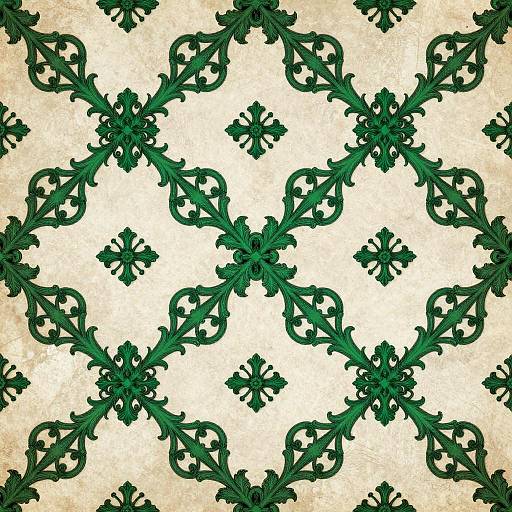 Emerald Green Ornate Scrollwork Pattern on Aged Parchment