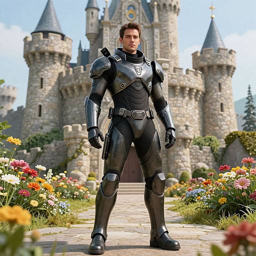 Photorealistic CGI of a muscular man in black, armored suit standing confidently in front of a colorful flower-lined castle path.