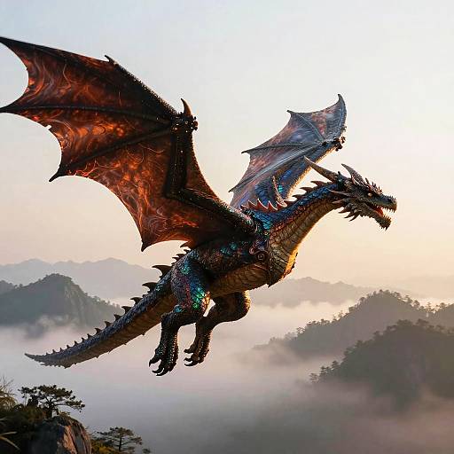 Realistic Dragon Soaring Over Misty Mountains